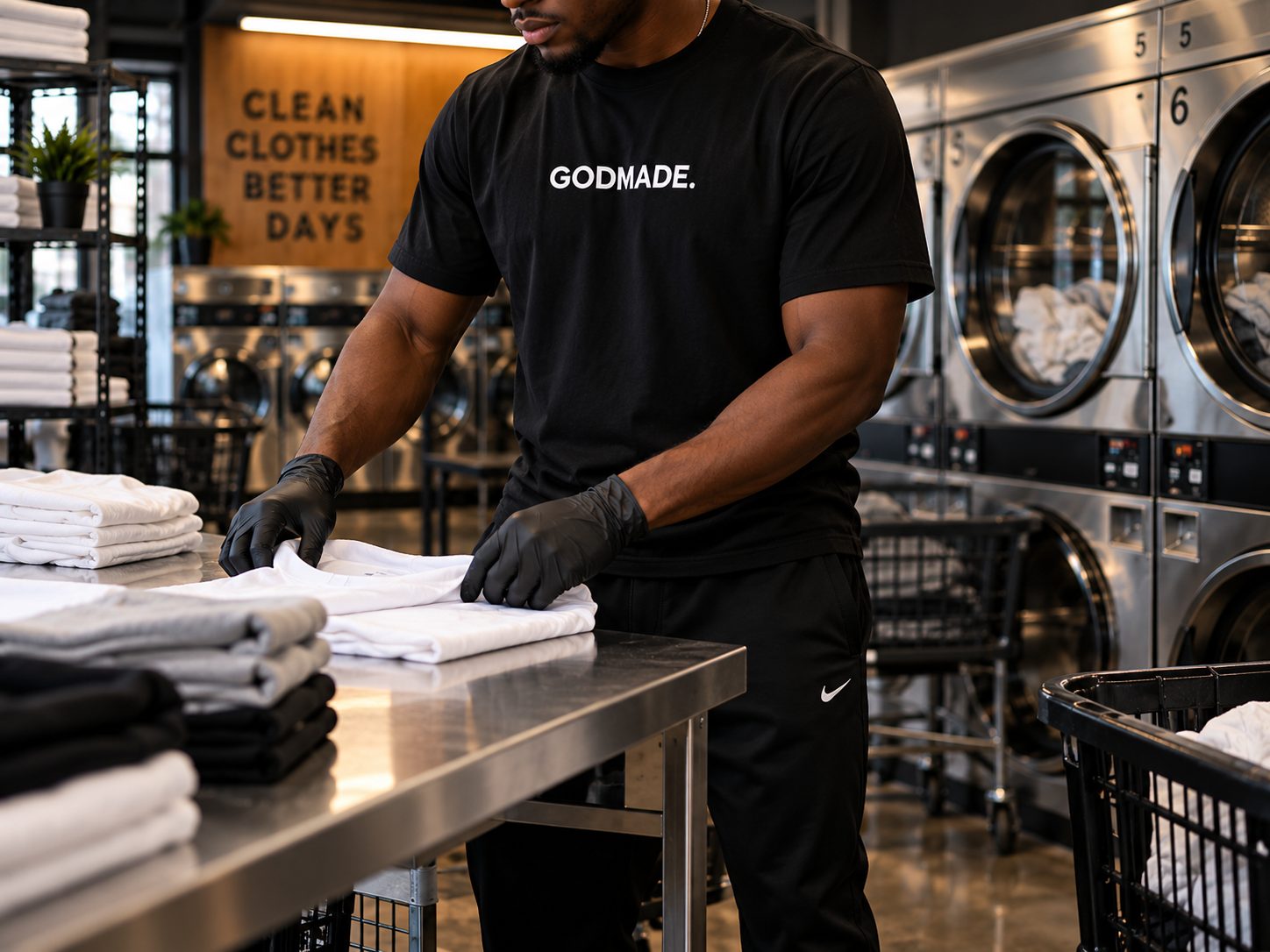 THREEXM team member folding clean laundry at a stainless steel table